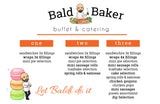 Bald Baker buffet & catering menu with cartoon chef and colorful macarons on a white background